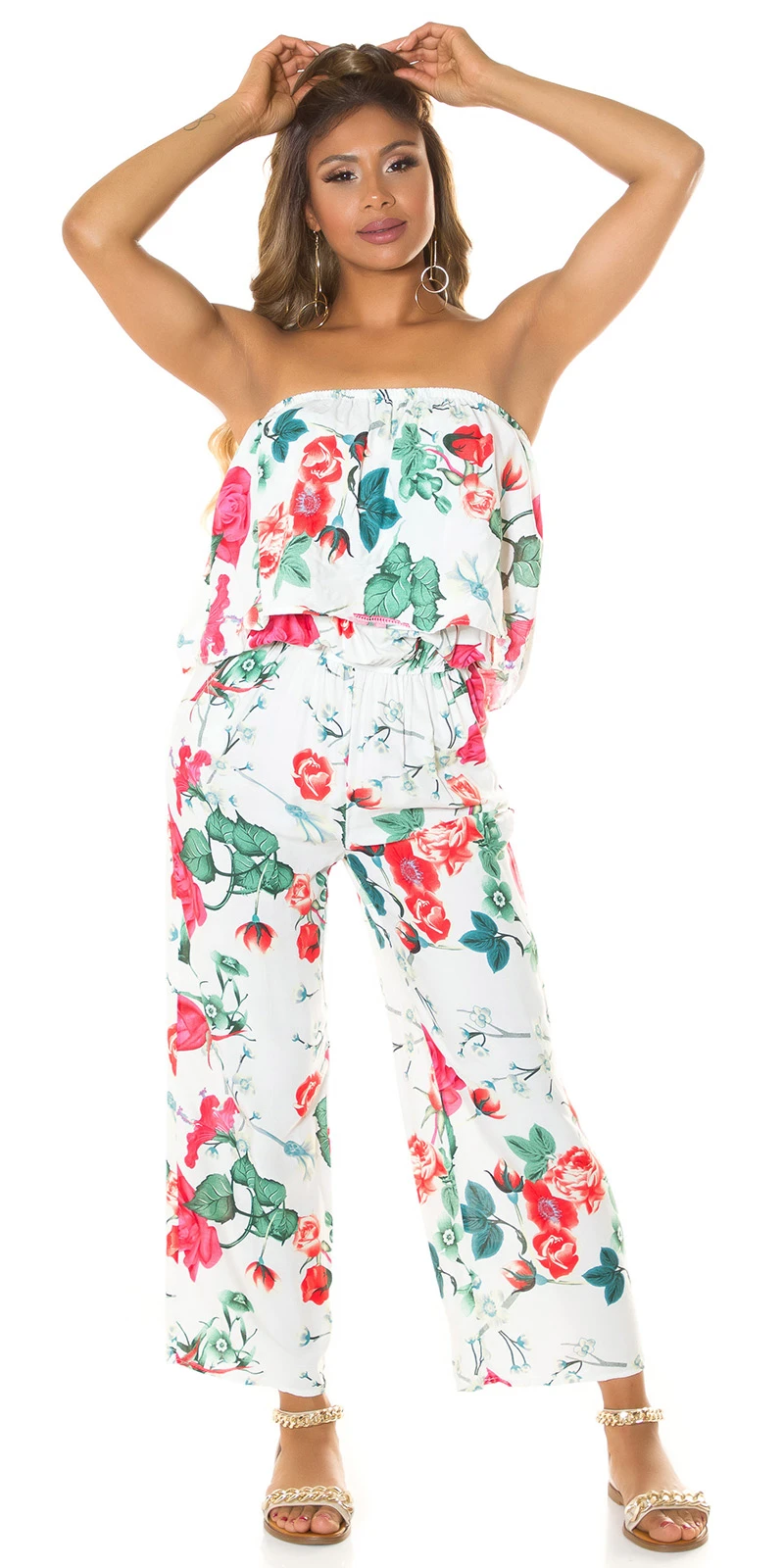 Rose Printed One Shoulder Maxi Marlene Viskose Jumpsuit mit Volant