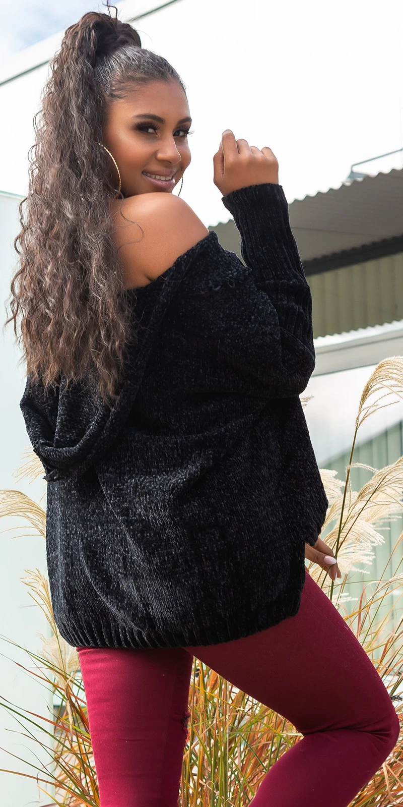 Used Look Crop Grobstrick Vokuhila Pullover mit Kapuze Used Look Crop Grobstrick Vokuhila Pullover mit Kapuze