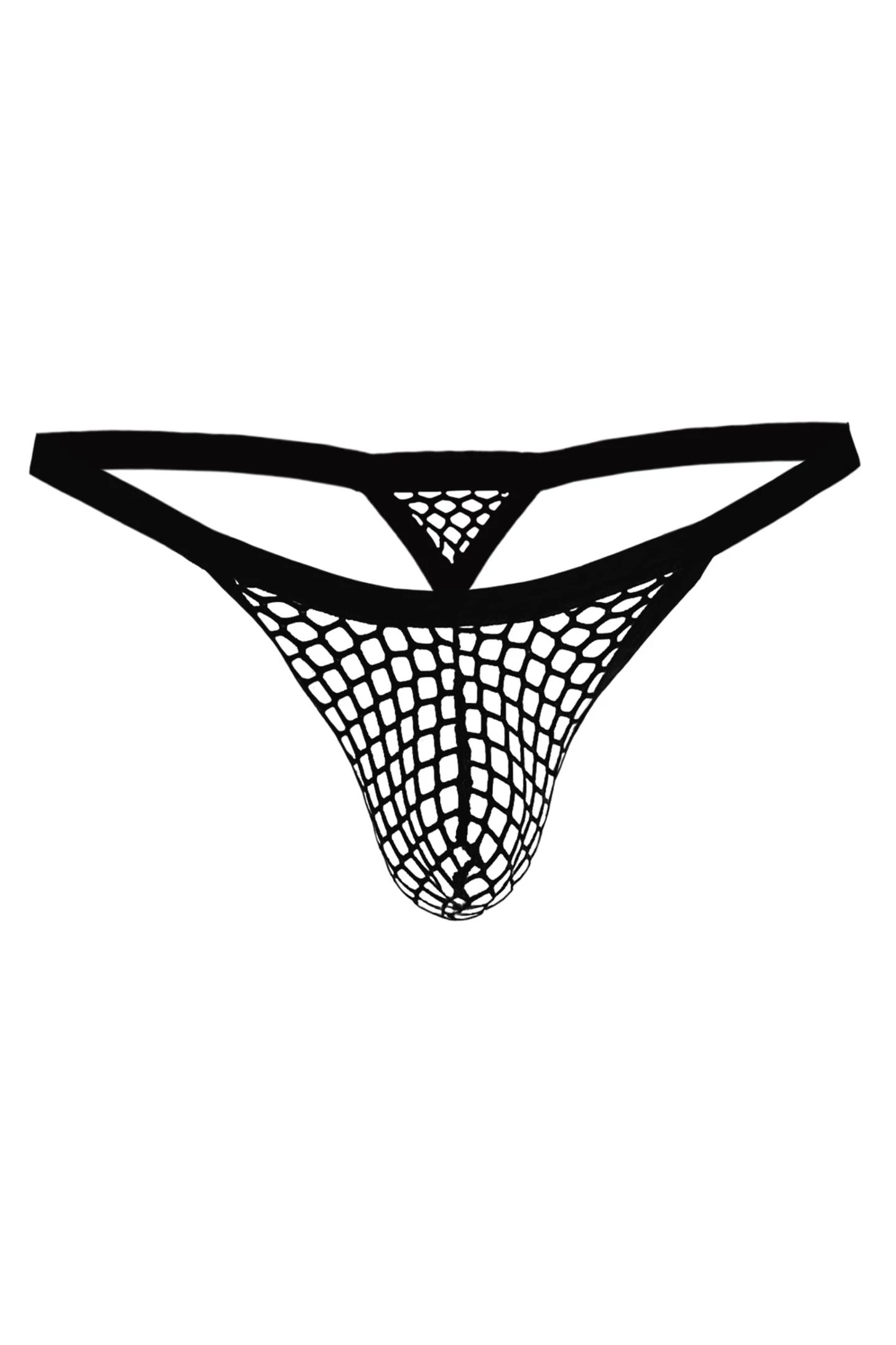 Schwarzer Netz String RAV123 aus dehnbarem Mesh mit geformtem Suspensorium, schmalem Bund und markantem Frontlogo für einen betont sexy Look