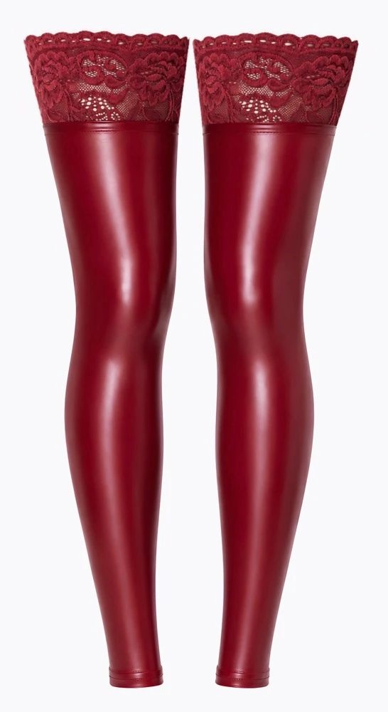 Overknees ohne Fuß in Burgunderrot mit mattem Powerwetlook, breitem Spitzenabschluss und rutschfestem Silikon von Noir