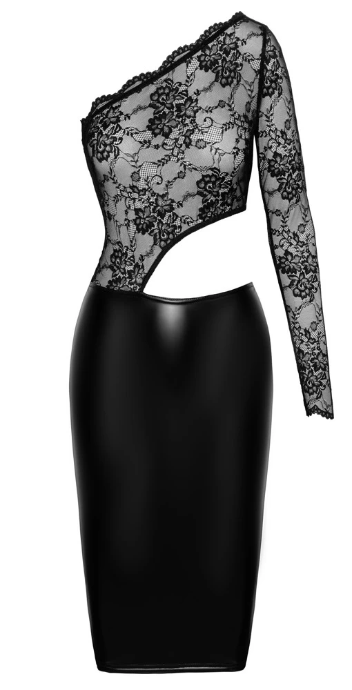 Noir F339 Asymmetrisches Kleid im Powerwetlook mit edlem Spitzen-Oberteil, knieumspielender Länge und hohem Tragekomfort