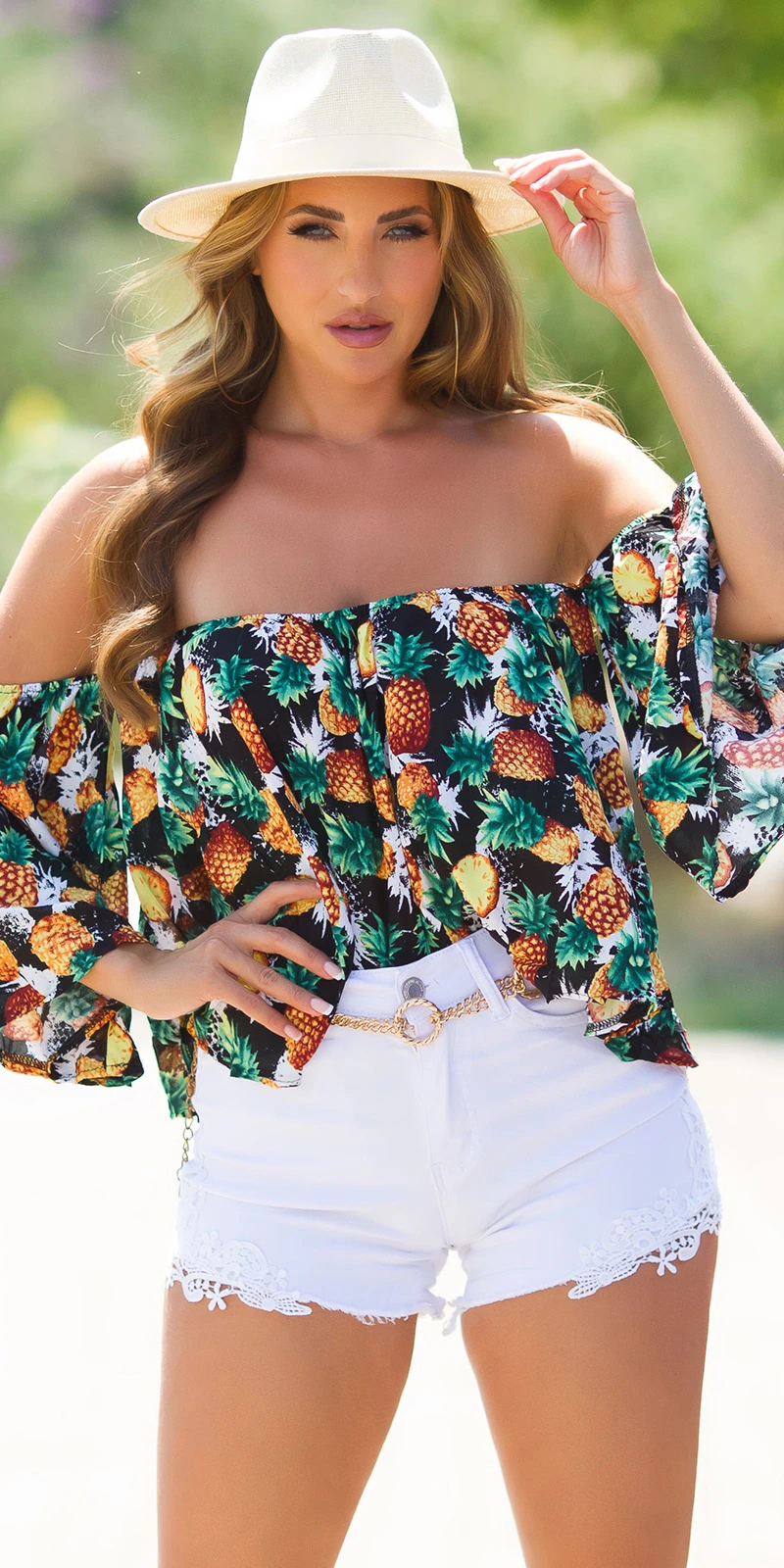 Sexy Sommer off-shoulder Bluse mit Ananas Print Sexy Sommer off-shoulder Bluse mit Ananas Print