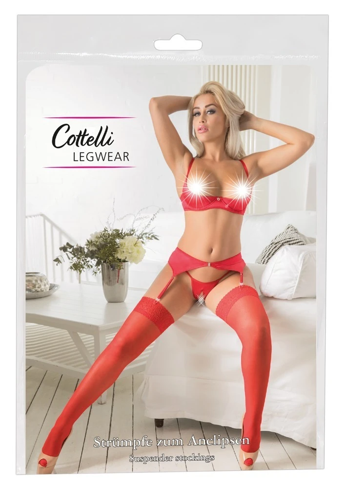 Cottelli Feuerrot und Verführerisch: Silky Straps-Strümpfe mit Breiter Spitze
