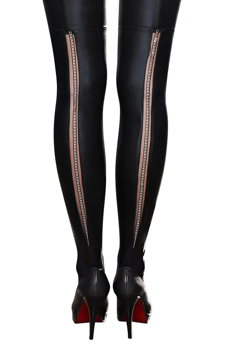 Schwarze Straps-Strümpfe A0190 von 7-Heaven, Atemberaubende schwarze Wetlook-Straps-Strümpfe mit transparenter Rückseite und glänzender Metallkette - pure Sinnlichkeit in jeder Bewegung