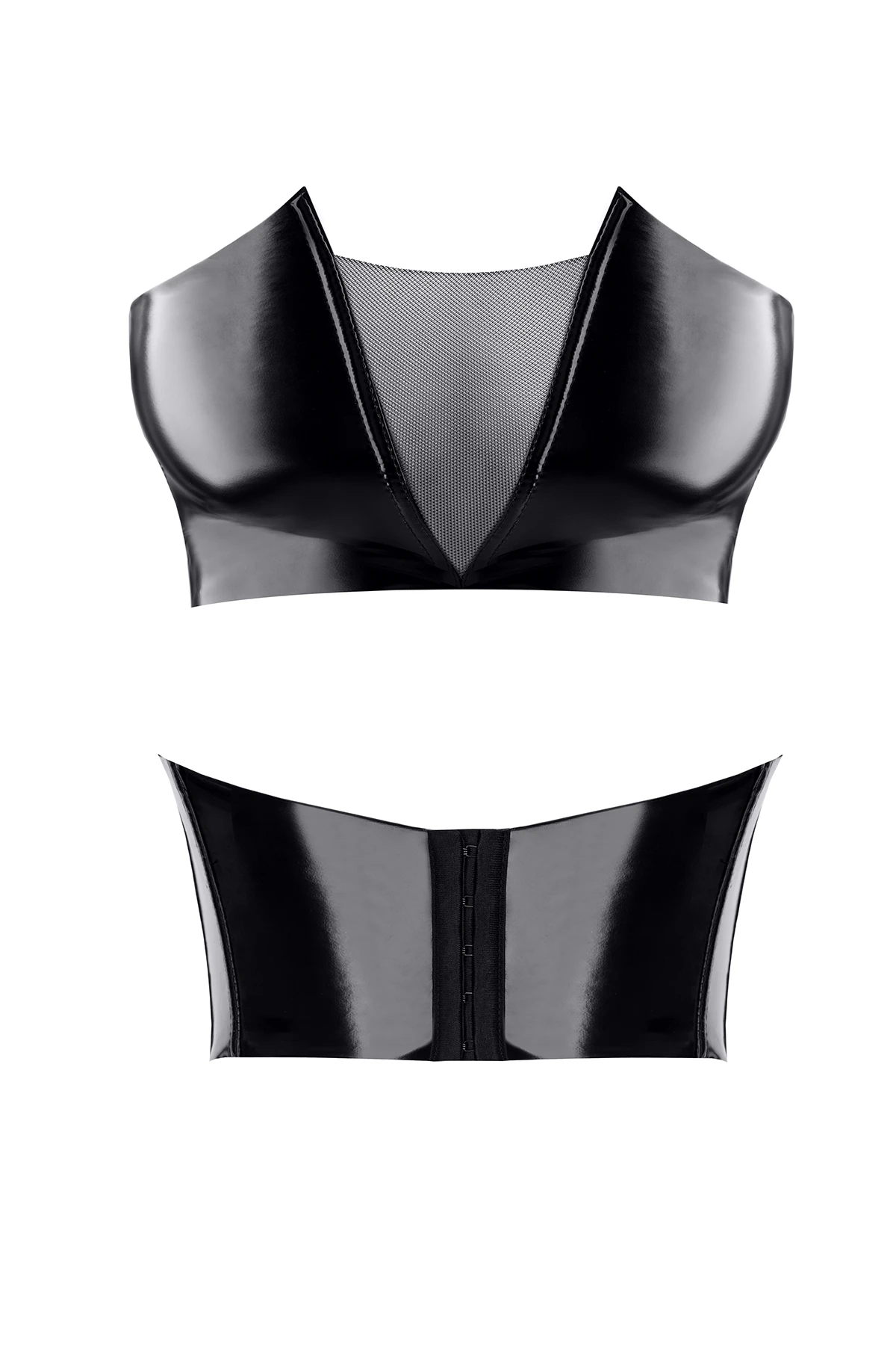 Kinky Top aus glänzendem Lack mit Netzeinsatz und verstellbarem Hakenverschluss. Schwarzes Damen-Top TDGerda001