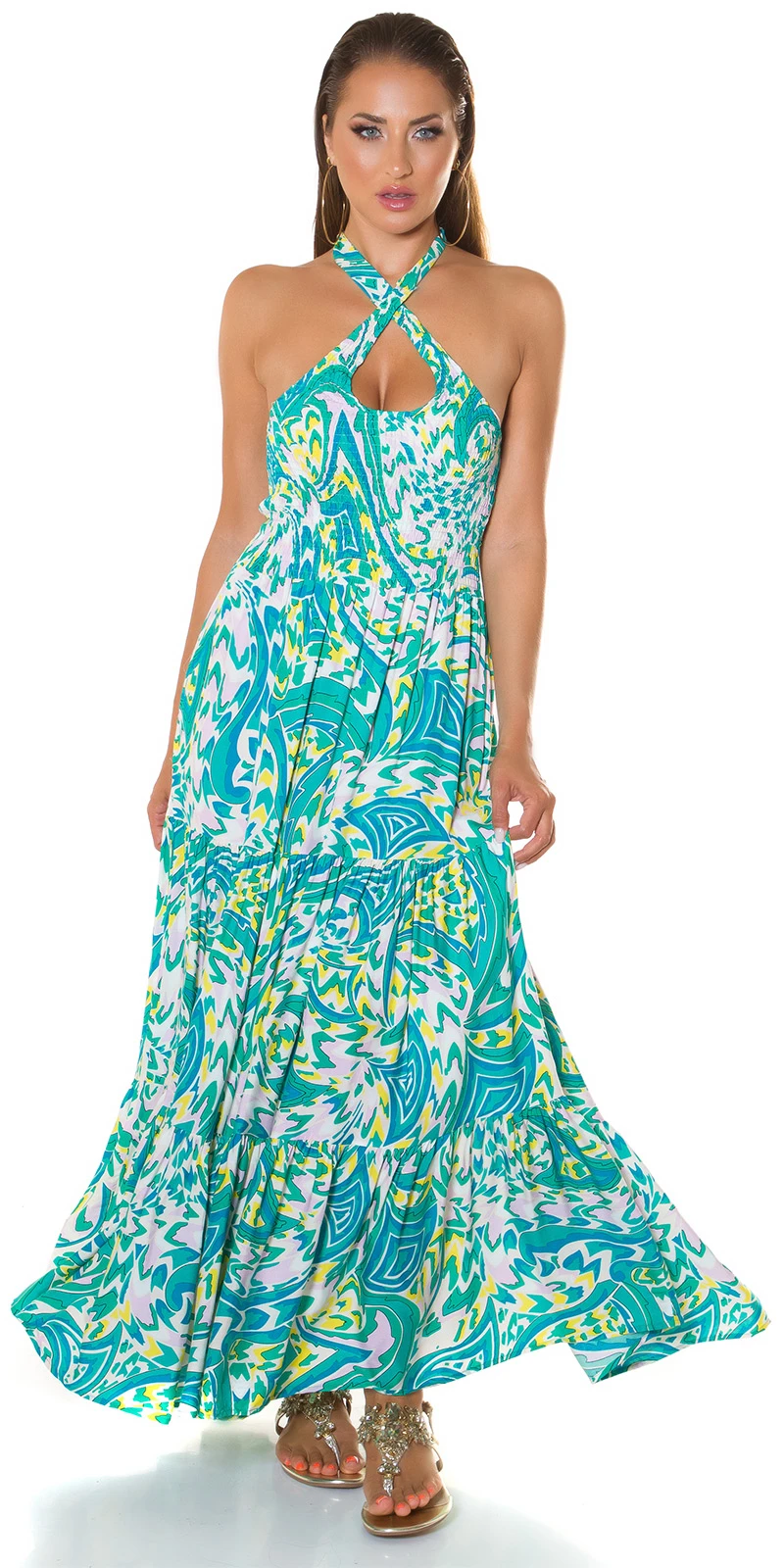 Coloured Maxi Neckholder Viskose Kleid mit Cutout
