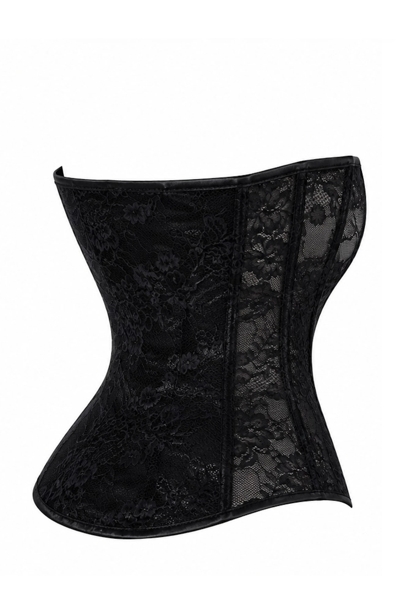 Korsett aus Spitze und Powerwetlook - Noir Handmade F406 One More Kiss - sexy in Schwarz, trägerlos mit Stäbchen und Frontverschluss