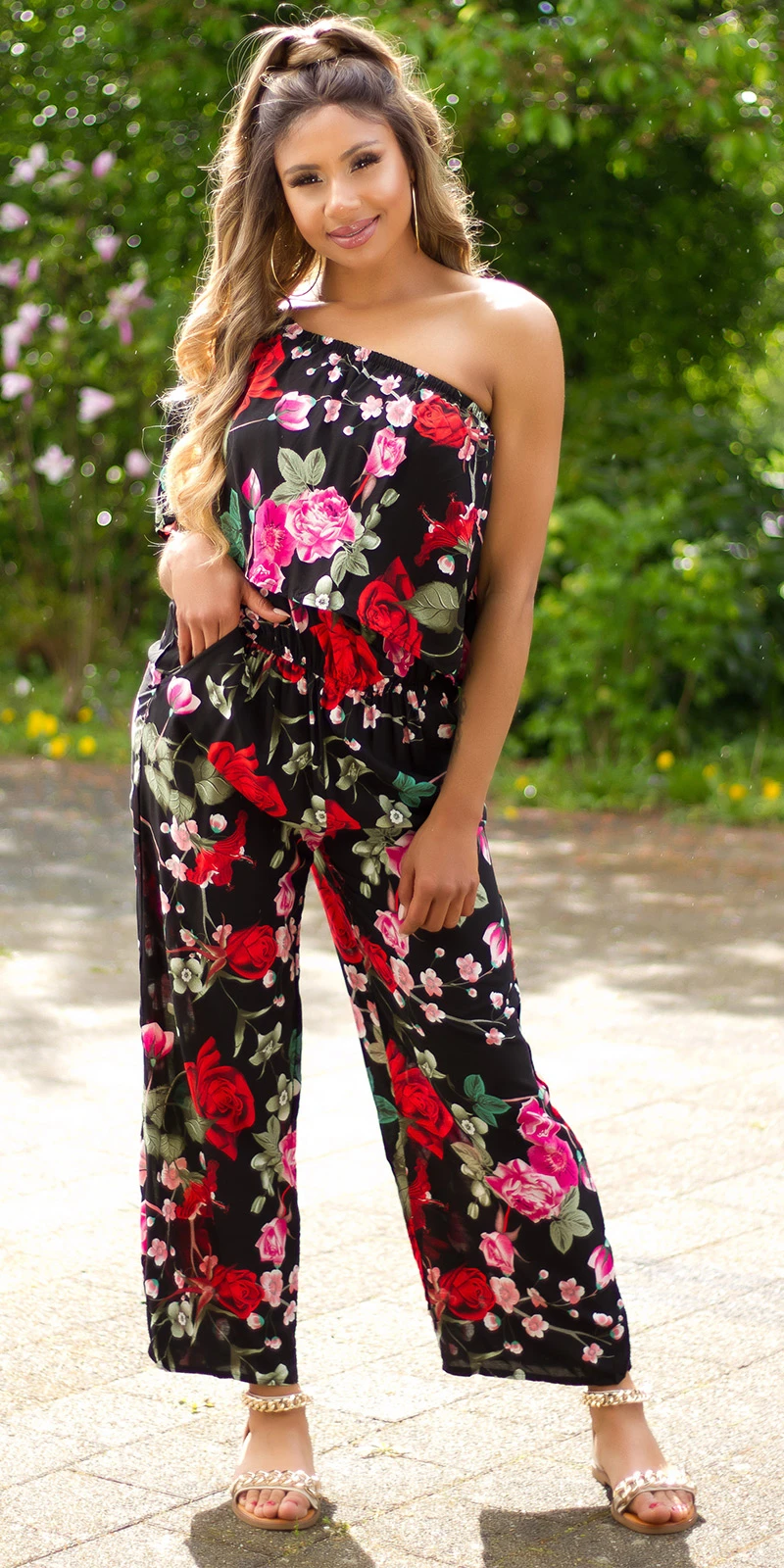 Rose Printed One Shoulder Maxi Marlene Viskose Jumpsuit mit Volant Rose Printed One Shoulder Maxi Marlene Viskose Jumpsuit mit Volant