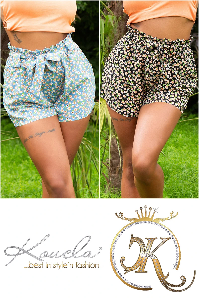 Flower Printed High Waist Paperbag Shorts mit Gürtel Flower Printed High Waist Paperbag Shorts mit Gürtel