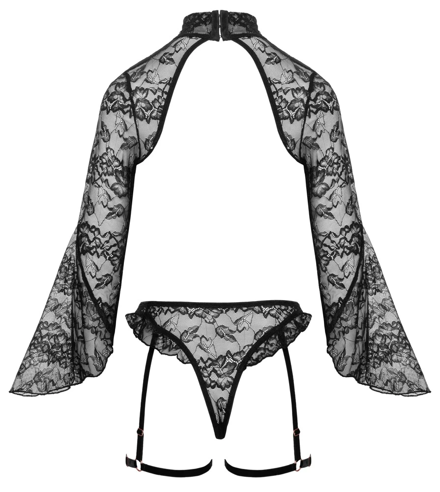 Abierta Fina Ouvert-Set mit Bolero-Top und Straps-Slip aus feiner Spitze und Samt mit kunstvollen Ketten, Herzanhänger und Stehkragen