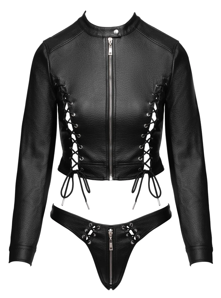 Cropped Jacke & Riostring Dessous Set Lederimitat mit Reißverschluss und Schnürung bauchfrei schwarz sexy Swinger Clubwear Cottelli PARTY
