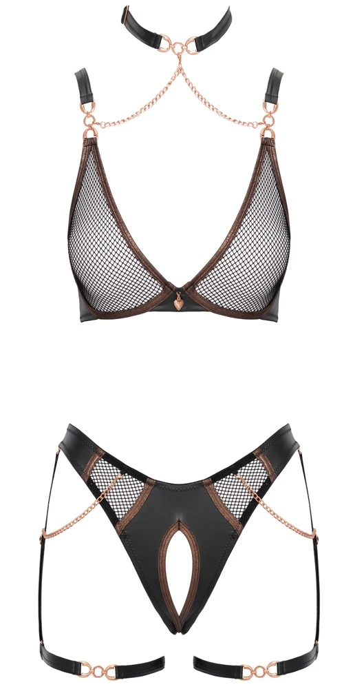 Abierta Fina Soft-BH & Straps-Riostring Set Schwarz Netz Mattlook Roségold Ketten abnehmbar Dessous Reizwäsche