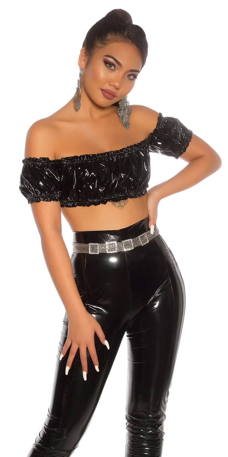 Glossy Off Shoulder Latex Look Latina Crop Bustier Top Glossy Off Shoulder Latex Look Latina Crop Bustier Top