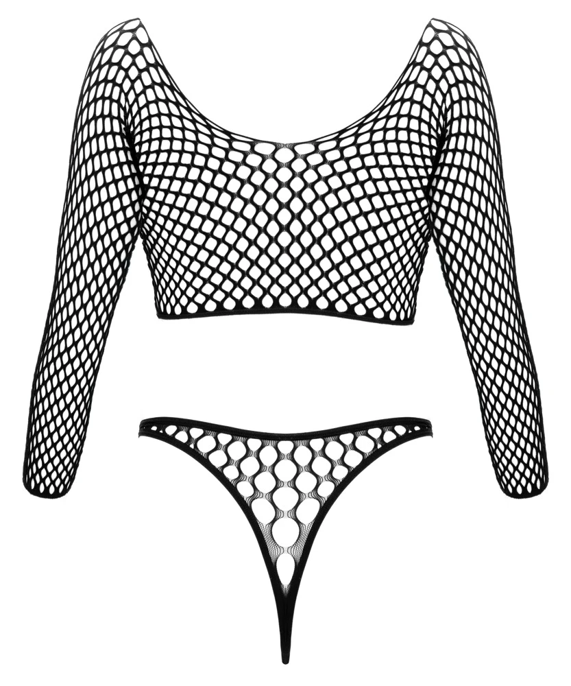 Sexy Netz-Riobody von Fantasy by Cottelli mit langem Arm, großer Maschenoptik und Ringen, elastisch anschmiegsam in aufregender Zweiteiler-Optik