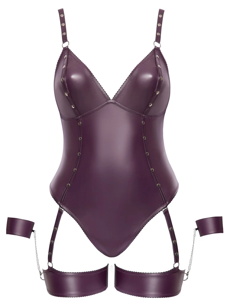 Eleganter Lila-Mattlook Stringbody von Cottelli BONDAGE mit abnehmbaren Fesseln für höchsten Tragekomfort und Sex-Appeal!