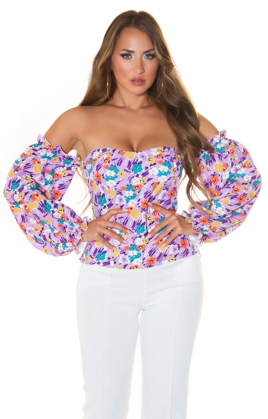 Latina Off Shoulder Langarm Bluse Shirt mit Flower Print Latina Off Shoulder Langarm Bluse Shirt mit Flower Print