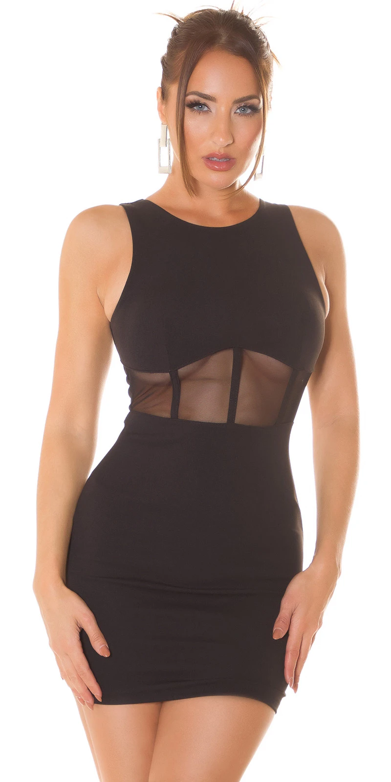 Koucla Sexy Minikleid ärmellos mit Mesh-Einsatz & Corsagen-Optik – erotisches Stretch Kleid tailliert mit Reißverschluss hinten Schwarz