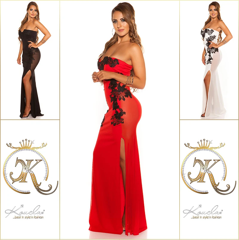 Cocktail Silvester Bandeau Maxi Kleid mit Beinschlitz und Deko Spitze Cocktail Silvester Bandeau Maxi Kleid mit Beinschlitz und Deko Spitze