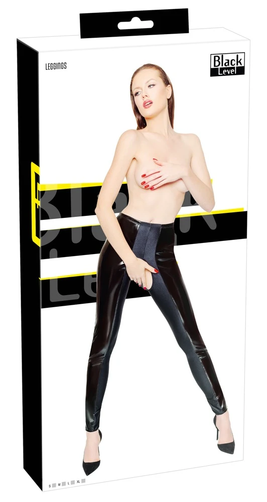 Lack-Leggings von Black Level mit einladend offenem Schritt. Im schwarzen Lackglanz mit Stretch-Einsätzen im Schritt  und den Innenseiten.