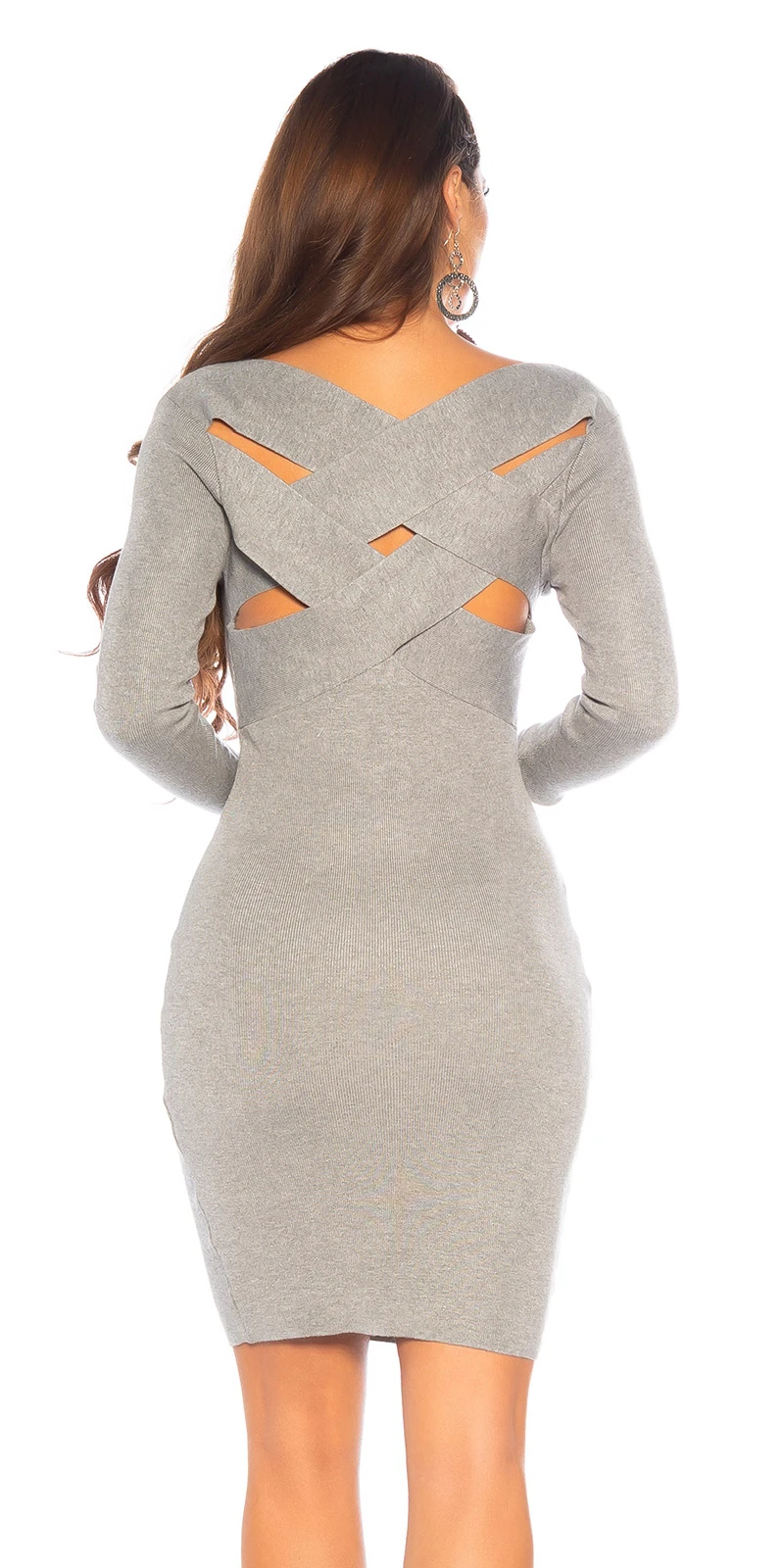 Feinstrick V-Neck Langarm Minikleid mit schicker Rücken-Ansicht Feinstrick V-Neck Langarm Minikleid mit schicker Rücken-Ansicht