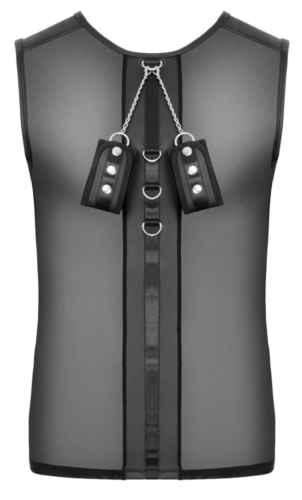 Svenjoyment Bondage Netz-Shirt – ärmellos & elastisch im schwarzen Mattlook mit Fesselringen vorne & hinten inkl. Soft-Handfesseln mit Karabinerketten für heiße Bondage-Action