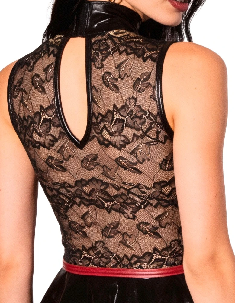Kinky Wetlook Minikleid Spitze Corsagen-Look ärmellos schwarz rot Rücken transparent Damenkleid Cottelli PARTY
