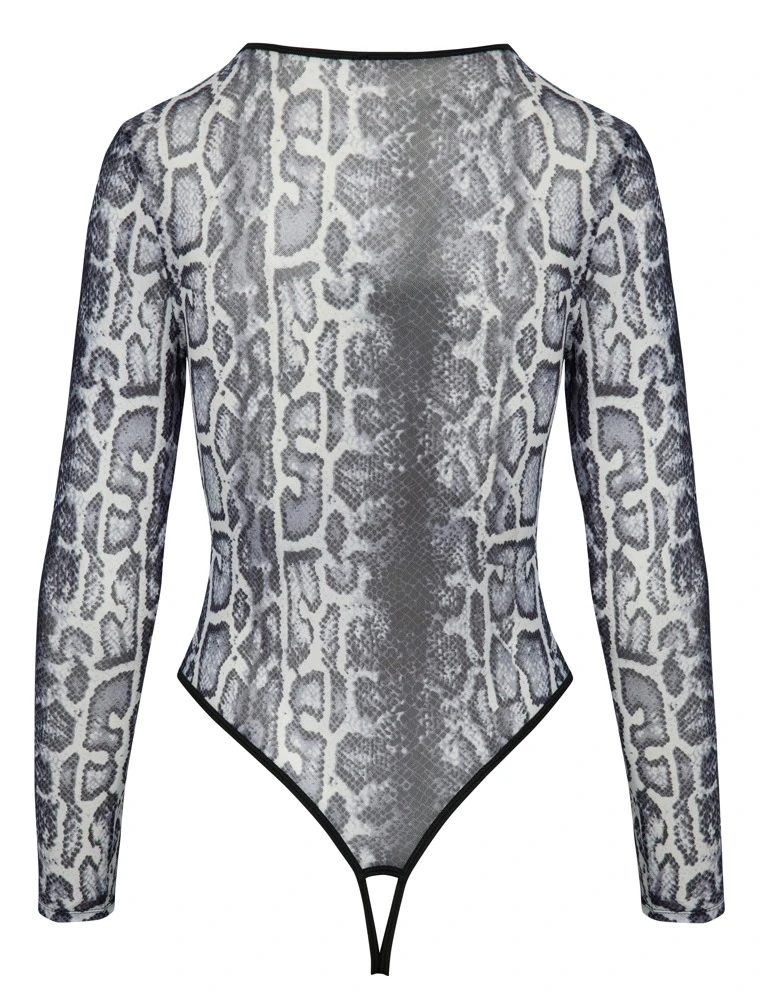 Cottelli LINGERIE MUST HAVE Body Schlangenhaut-Optik, Langarm Tiefer V-Ausschnitt sexy Ouvert