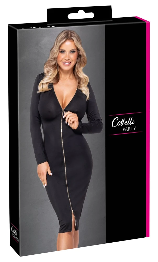 Schwarzes Langarm-Midikleid von Cottelli PARTY mit goldfarbenem 2-Wege-Zipper – figurbetont, anschmiegsam und aufregend wandelbar