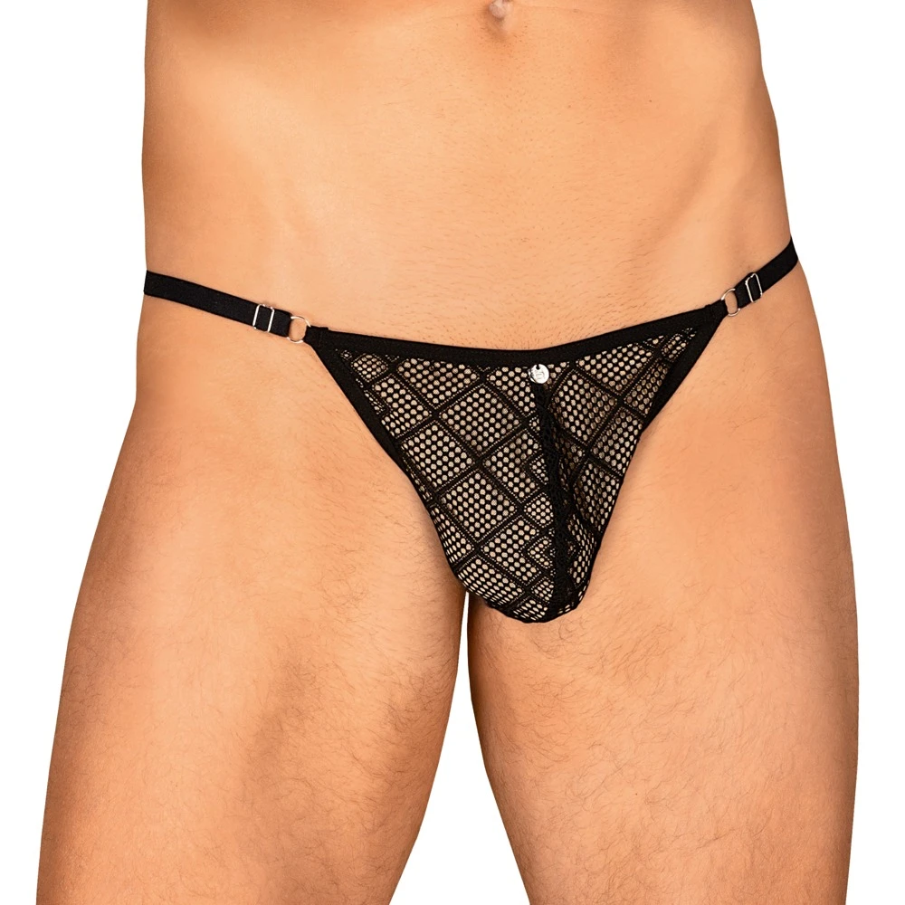 Obsessive schwarzer String Severio in extravagant gemusterter Semi-Transparenz.  Bequemer Gummibund mit kleinem Metall-Element vorne und passend verstellbar.