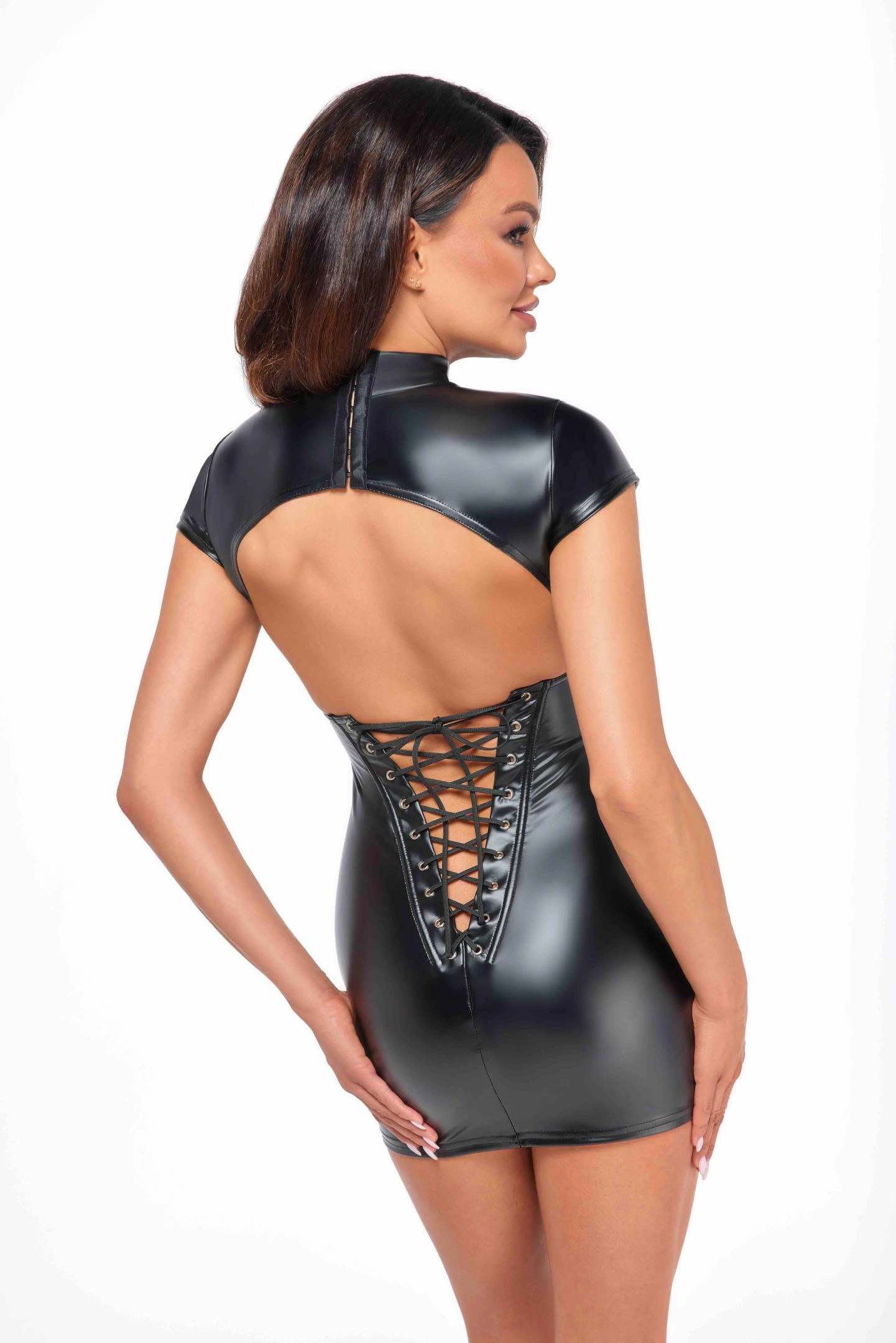 F309 Wetlook Minikleid mit Rückenschnürung von Noir Handmade