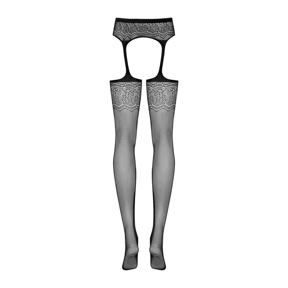 Schwarzer Strapsgürtel mit integrierten Strümpfen florales Design, weich & elastisch, Schritt offen, sinnliche Kombination aus Straps und Strümpfen