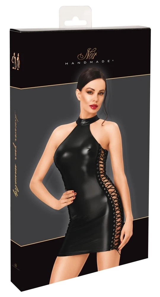 Kinky Minikleid im matten Powerwetlook mit seitlicher Schnürung, schulterfreiem Neckholder und figurbetontem Schnitt von Noir Handmade