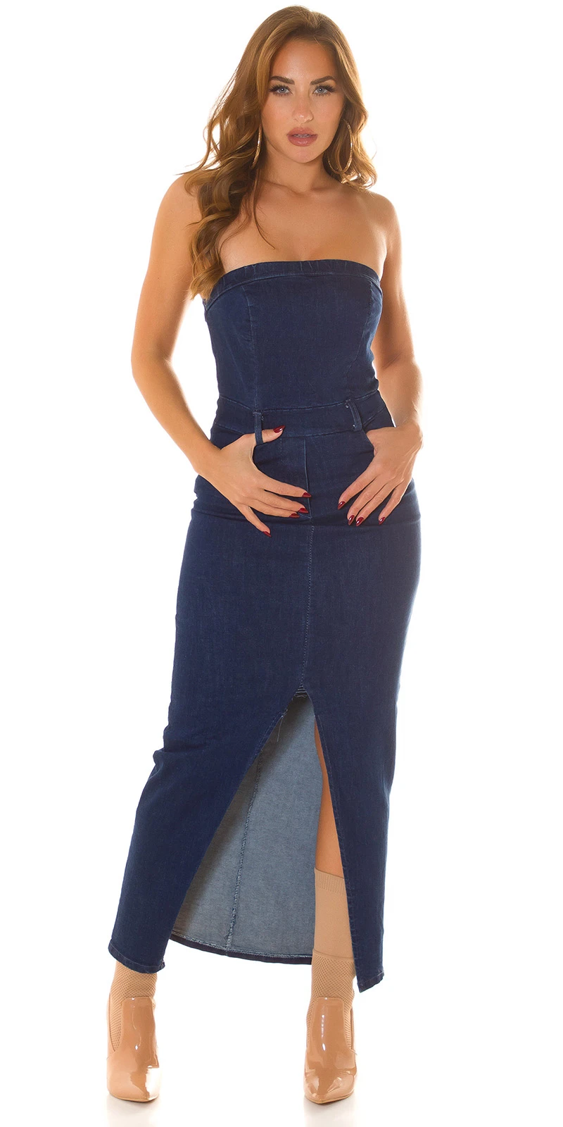 Dark Denim Bandeau Maxikleid Cotton Jeanskleid mit Schlitz Dark Denim Bandeau Maxikleid Cotton Jeanskleid mit Schlitz