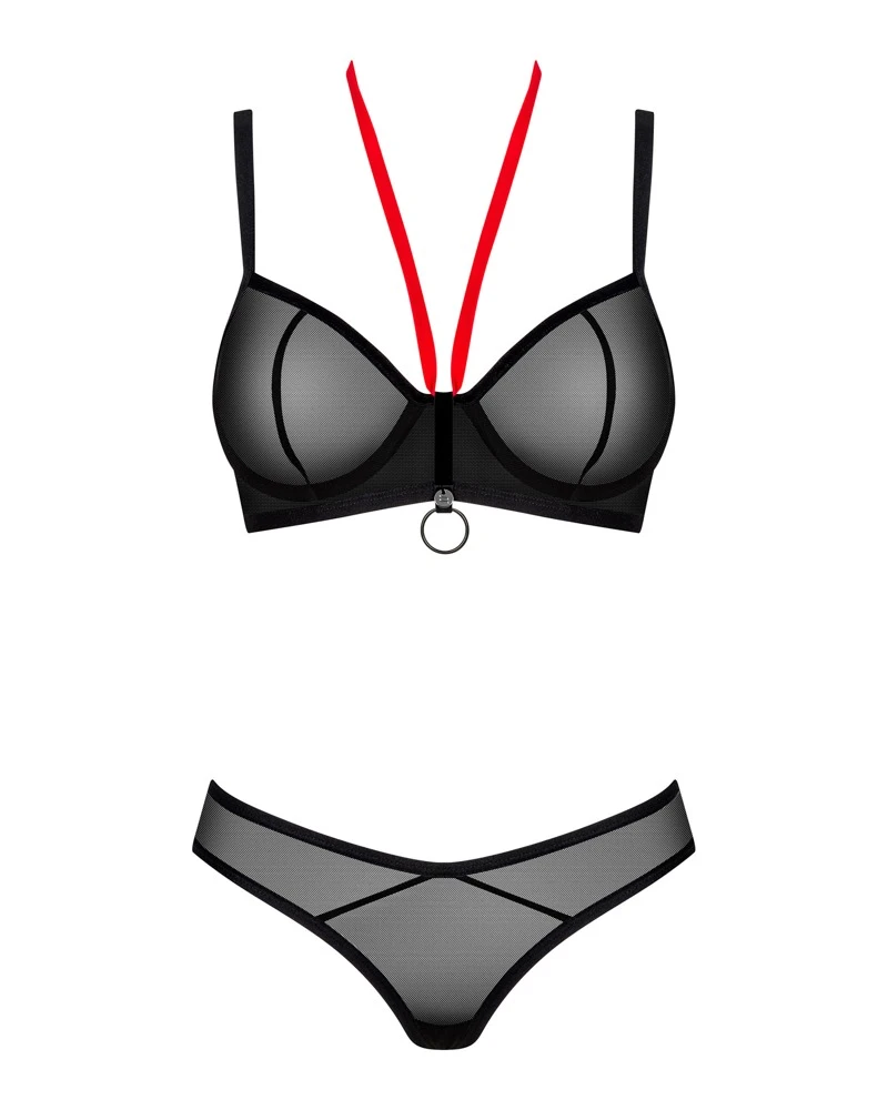 schwarzer bh Obsessive Bügel-BH und String im Set Glandez in zarter schwarzer  Transparenz. BH mit rotem Neckholder als stylischer Kontrast sowie Ring und  kleinem Schmuckelement zwischen den Cups. | XS/S | 182862
