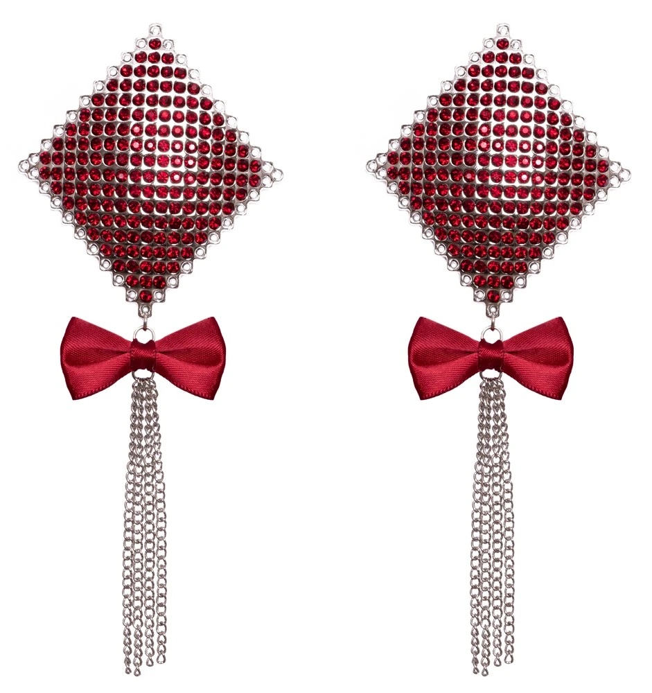 Cottelli Nipple Jewellery Bow mit roten Glitzersteinchen in Rautenform, Satinschleifchen und schwingenden Kettchen zum Aufkleben