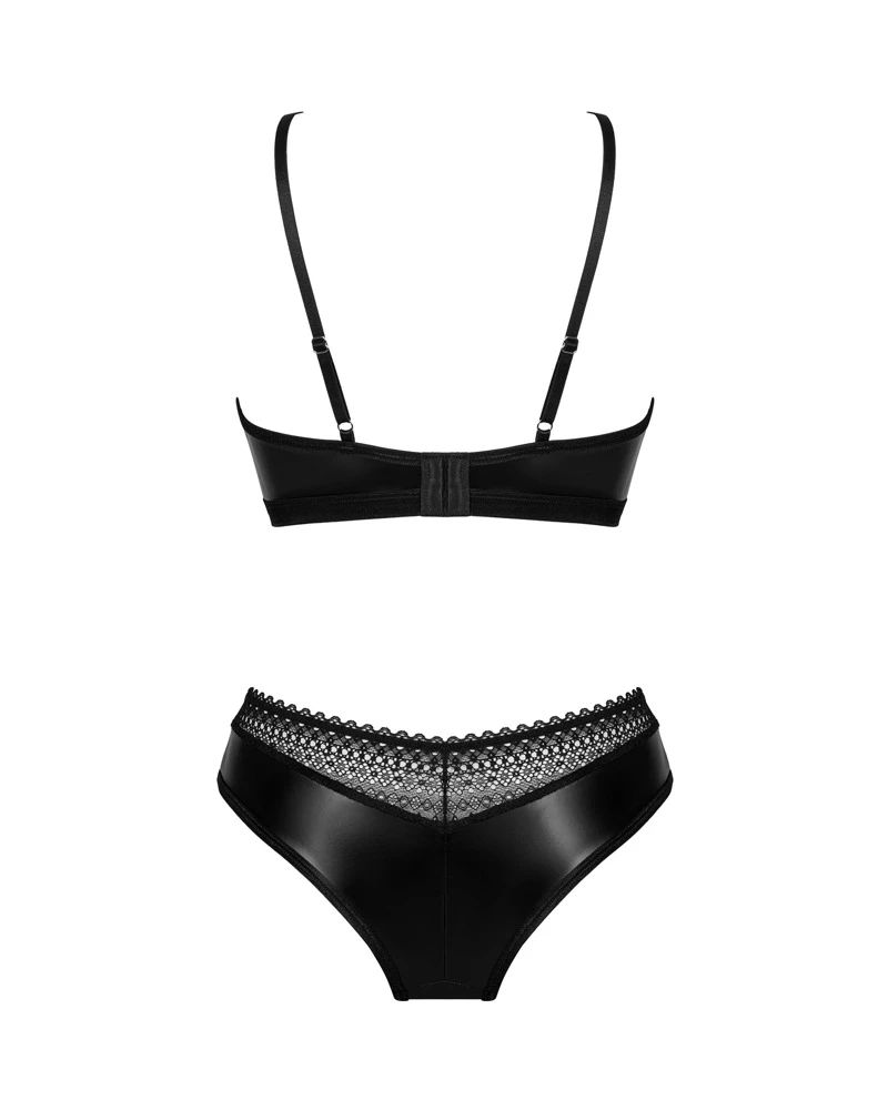 Obsessive 2-teiliges schwarzes Set Norides mit Bügel-BH und Slip im Wetlook, der sich elastisch und weich anschmiegt.  Der Slip verführt mit Spitzeneinsätzen am Bund und Reißverschluss vorne