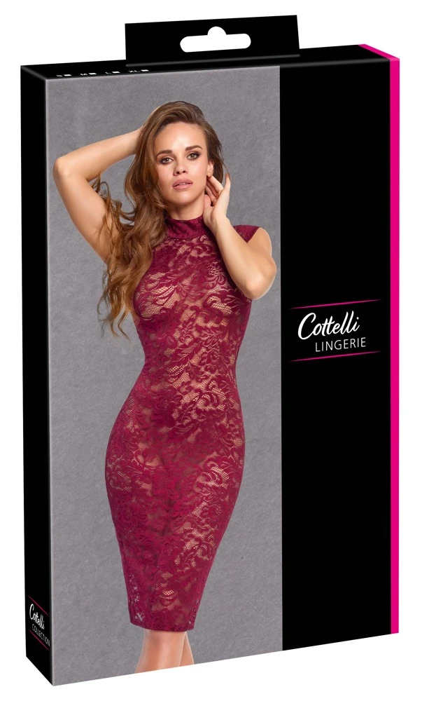 Kleid aus bordeauxroter Ornament-Spitze von Cottelli LINGERIE mit knieumspielender Länge, ärmellosem Schnitt und elegantem Stehkragen