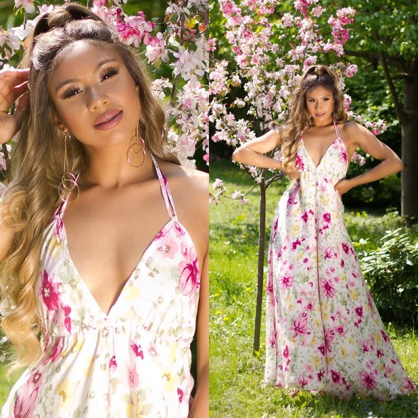 Rückenfrei Maxi V-Neckholder Viskose Kleid mit Flower Print