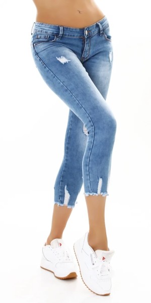 Sommer Röhren Skinny Capri Hüft im Used Look Jeans mit Push Up-Effekt