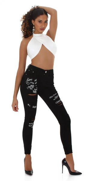 Uni Skinny High Waist Jeans im Destroyed-Look mit Print