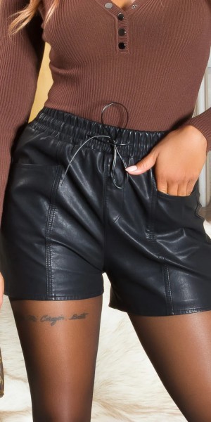 High Waist Kunstleder Leder Look Damen Hotpants Shorts Hose Kurz mit Gummibund und Taschen