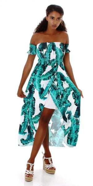 Off Shoulder Maxi Kleid mit Wickel-Effekt und Blätter-Print