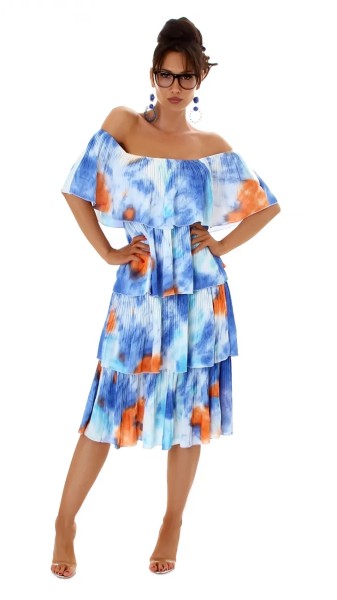 Batik Off Shoulder Midi Sommer Kleid mit Stufen-Volant