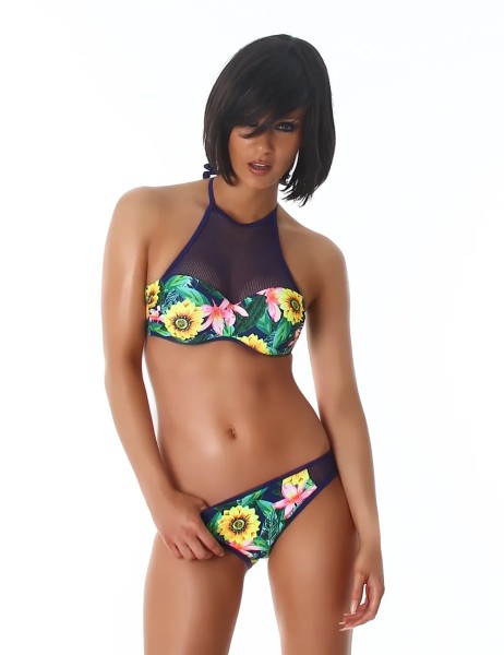 Flower Printed Neckholder Bikini mit transparenten Netz Einsätze