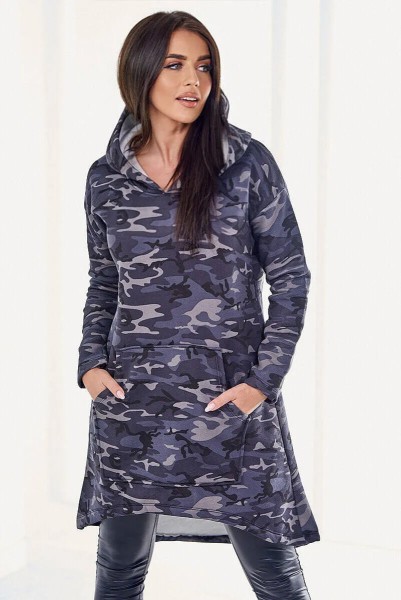 Camouflage Kapuzenpullover lang Freizeitkleid Minikleid Hoddie Sweatkleid