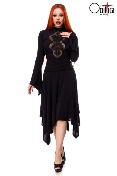 Gothic Kleid mit Spitzeneinsatz dazu Trompetenärmeln mit Zipfelsaum Abschluss