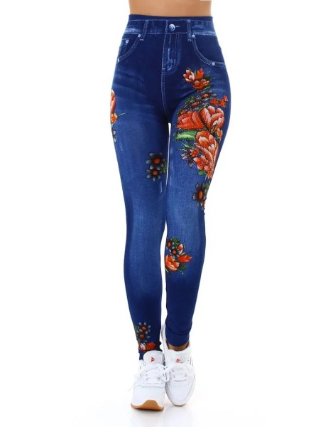 Basic Jeans Look Leggings im High Waist-Style mit Flower-Print und Strass