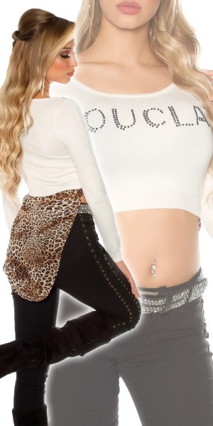 Cropped Vokuhila Pullover Feinstrick mit Leo-Touch