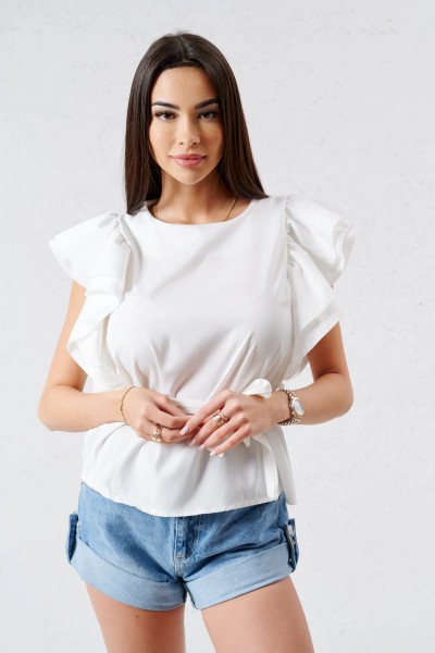 Blusen Shirt mit kurzen Doppel-Volant-Ärmel und Gürtel