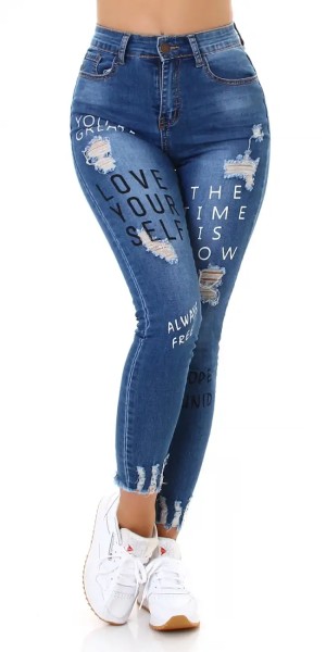 High Waist Skinny Jeans im Destroyed-Look mit Print